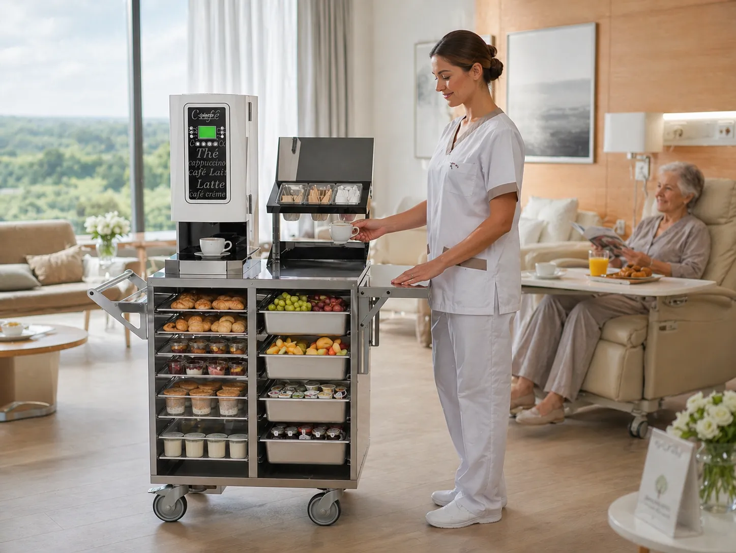 Une soignante sert un café depuis un chariot petit-déjeuner CaféMotion à une résidente, dans sa chambre