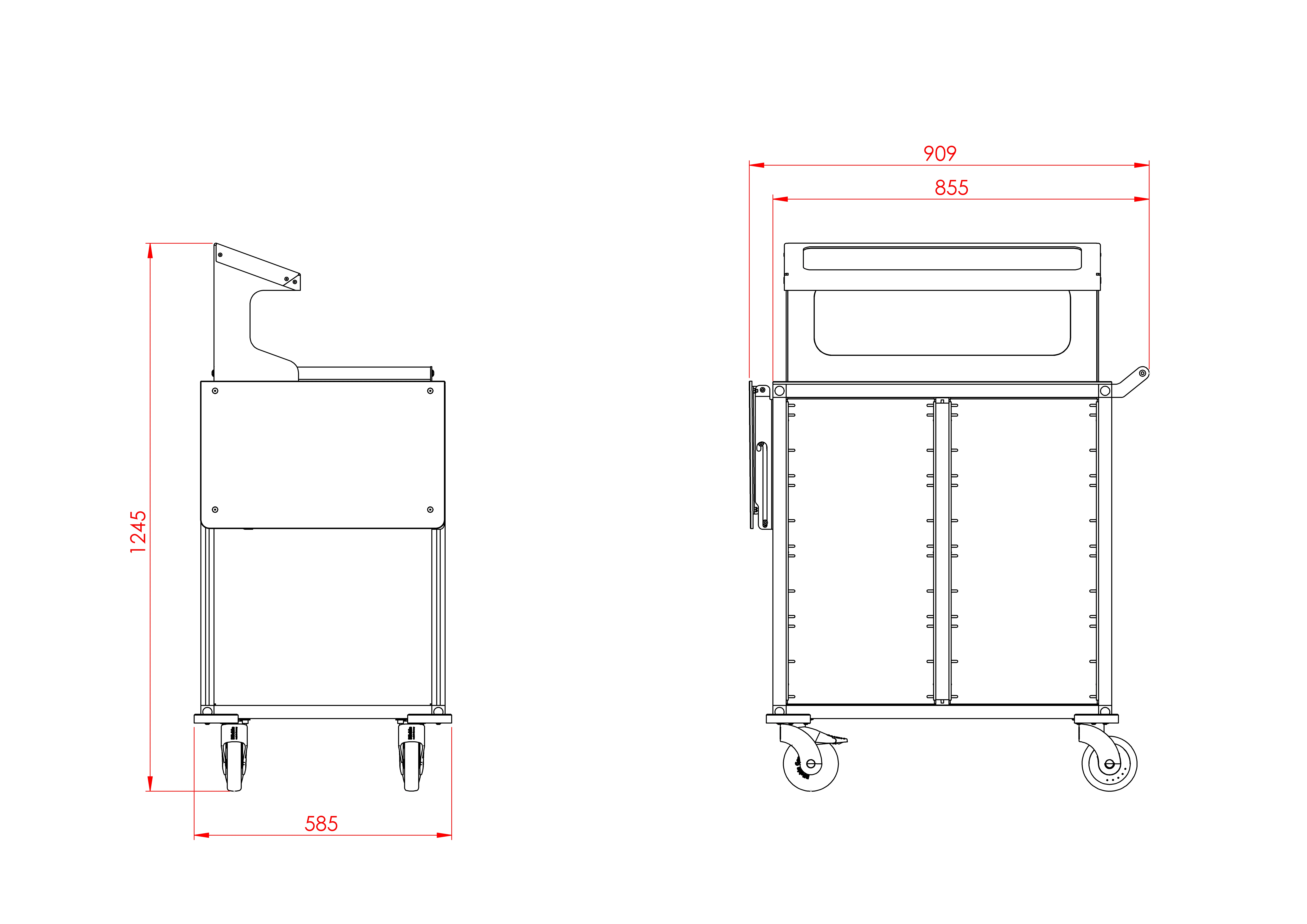 Plan coté du TrolleyServe, tablette pliée