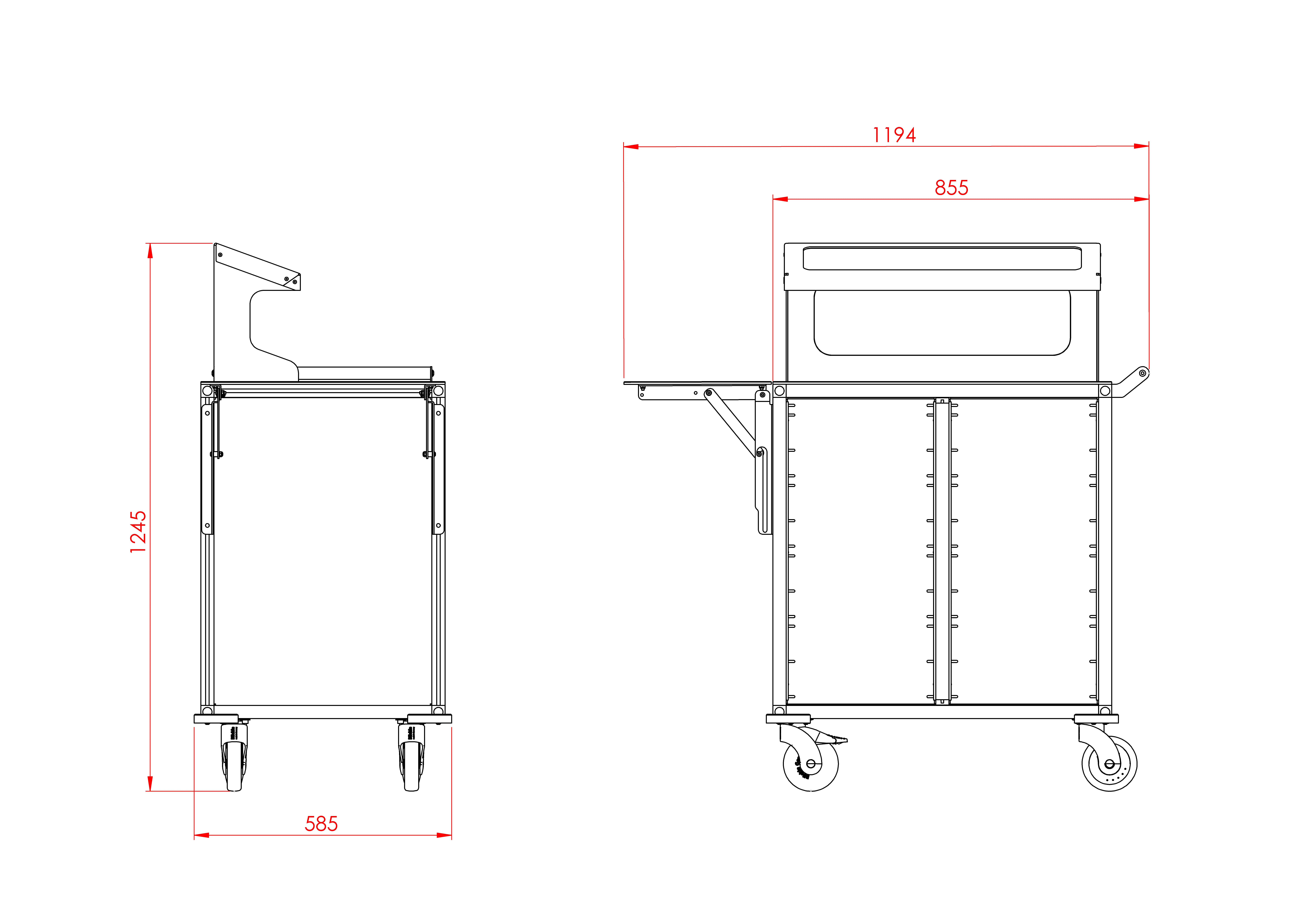 Plan coté du TrolleyServe, tablette dépliée